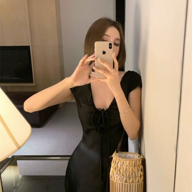 V-Neck Tie Front Satin Short-Sleeve A-Line Maxi Dress
