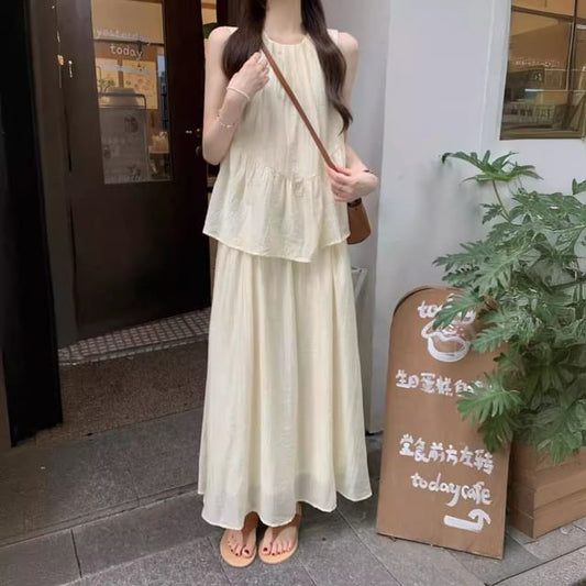 Mock Two Piece Round Neck Sleeveless A-Line Maxi Dress
