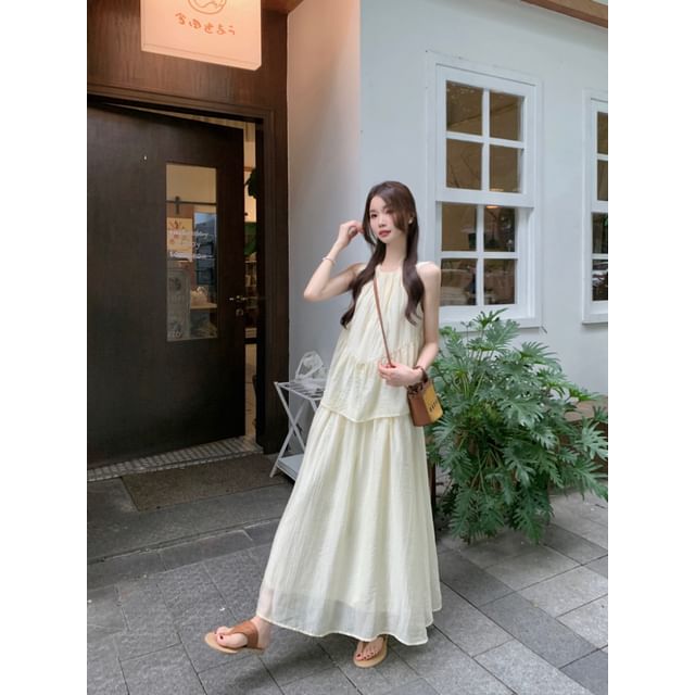 Mock Two Piece Round Neck Sleeveless A-Line Maxi Dress