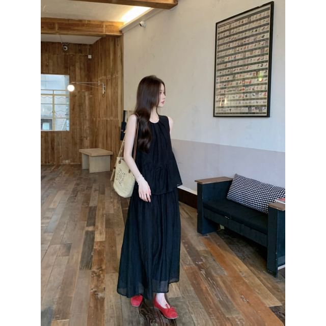 Mock Two Piece Round Neck Sleeveless A-Line Maxi Dress