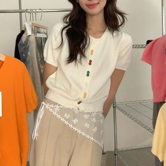 Crew Neck Short-Sleeve Button Crop Cardigan