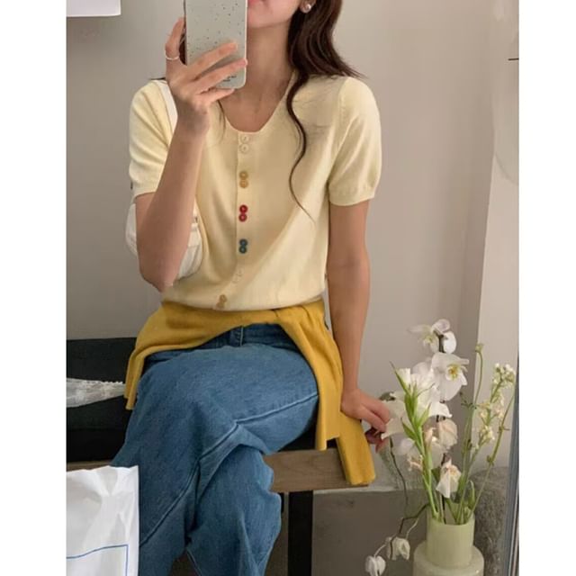 Crew Neck Short-Sleeve Button Crop Cardigan