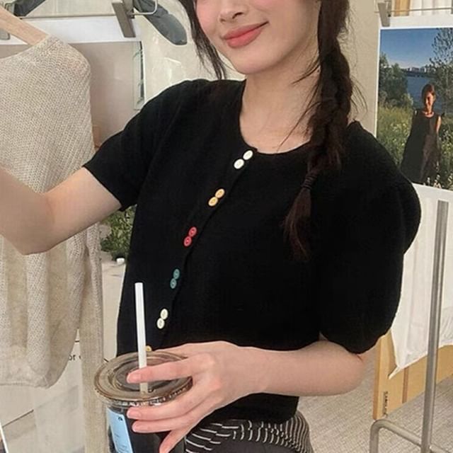 Crew Neck Short-Sleeve Button Crop Cardigan