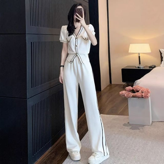 V-Neck Contrast Trim Cardigan with Sweatpants Set