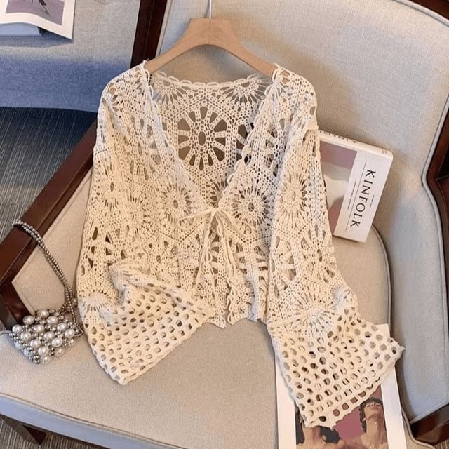 V-Neck Tie Front Crochet Knit Crop Cardigan