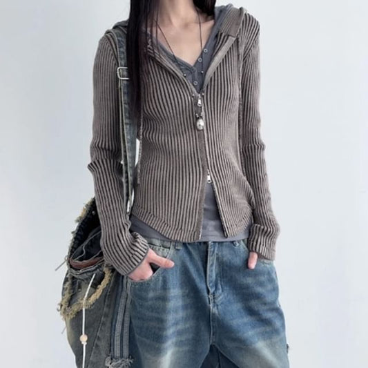 Hooded Ribbed Knit Zip Cardigan