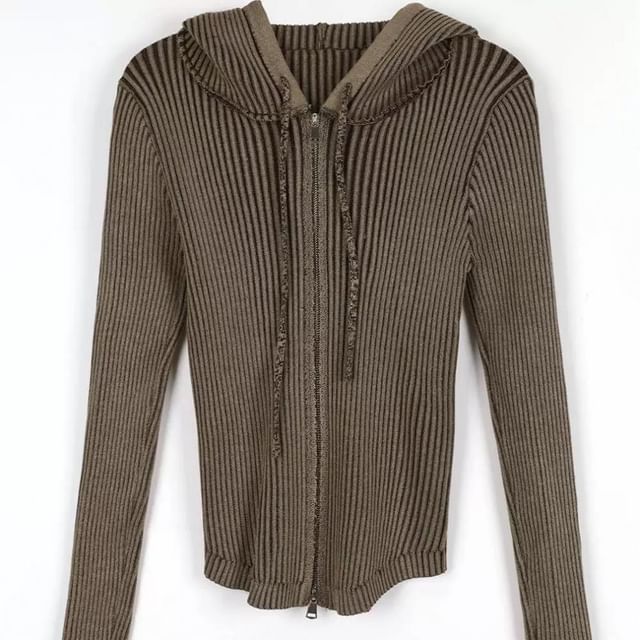 Hooded Ribbed Knit Zip Cardigan