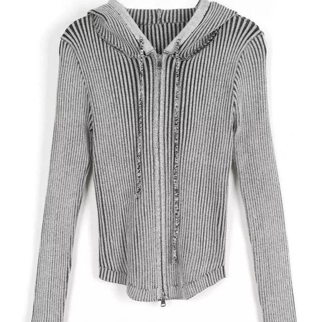 Hooded Ribbed Knit Zip Cardigan