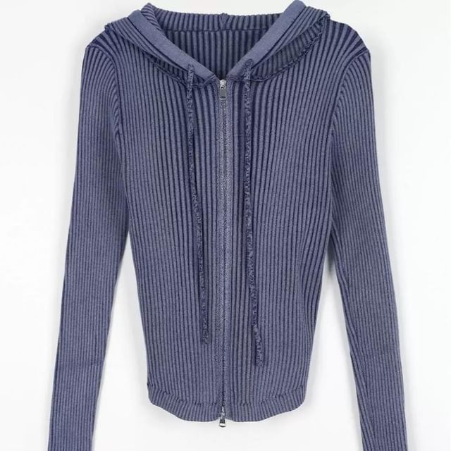 Hooded Ribbed Knit Zip Cardigan