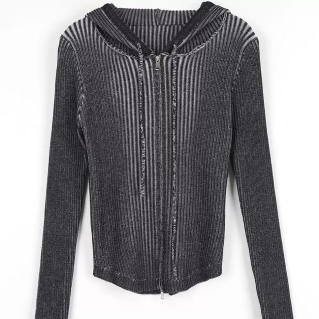 Hooded Ribbed Knit Zip Cardigan