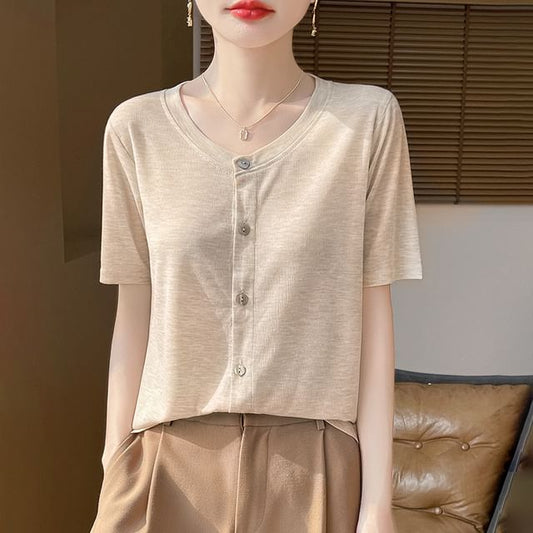 Short-Sleeve Crew Neck Button Cardigan