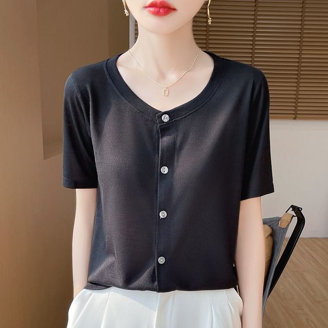 Short-Sleeve Crew Neck Button Cardigan