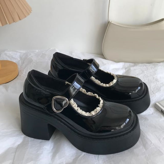 Lace Trim Platform Chunky Heel Mary Jane Shoes