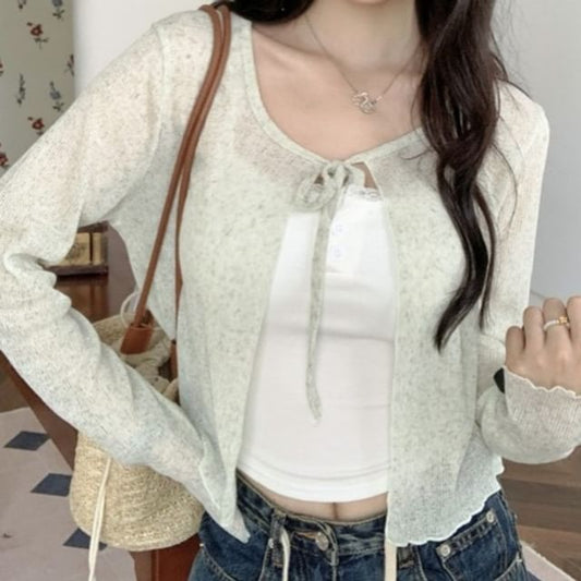 Lettuce Edge V-Neck Sheer Crop Cardigan