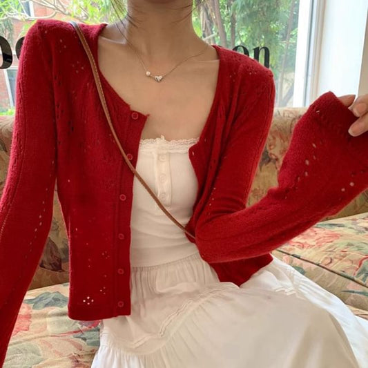 Scoop Neck Perforated Button Crop Cardigan