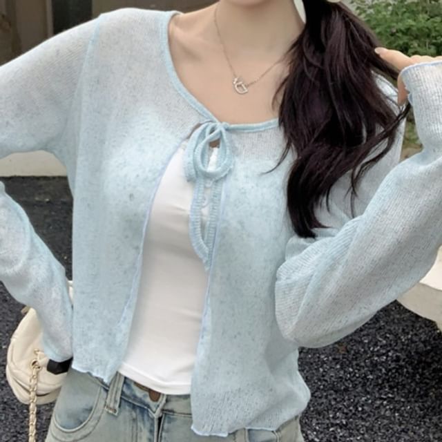 Lettuce Edge V-Neck Sheer Crop Cardigan
