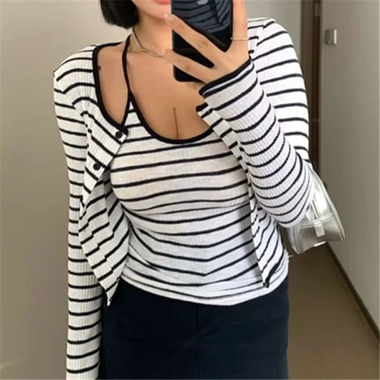 Striped Racerback Ribbed Cami and Cardigan Set