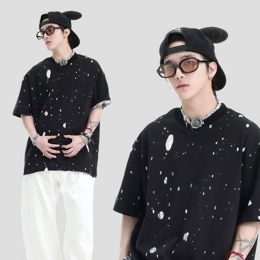 Matching Elbow Sleeve Lace Cutout Round Neck Tee