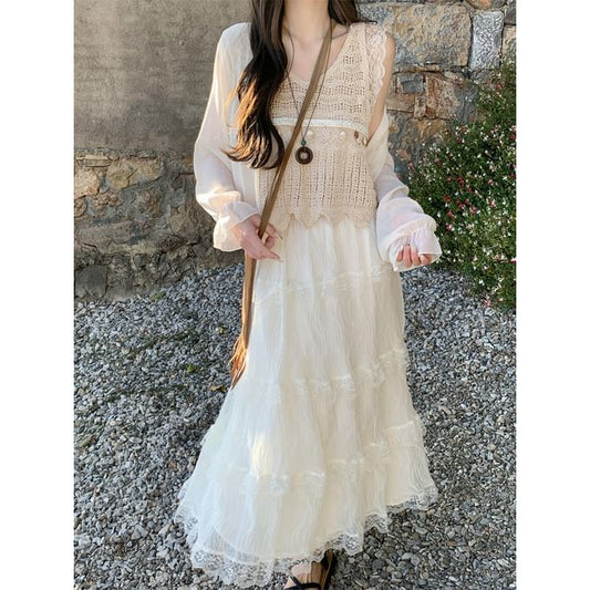 High Waist Lace Maxi A Line Skirt Tank Top Jacket