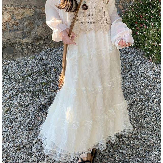 High Waist Lace Maxi A Line Skirt Tank Top Jacket