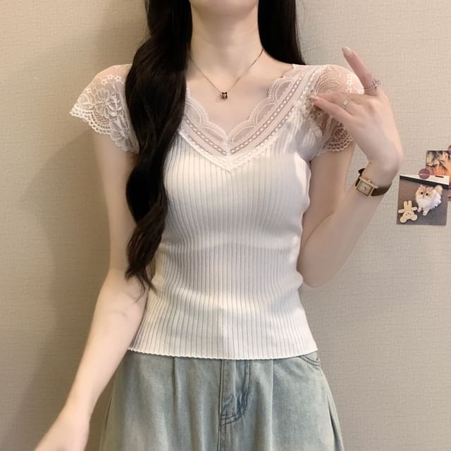 Lace Panel V Neck Short Sleeve Crop Top