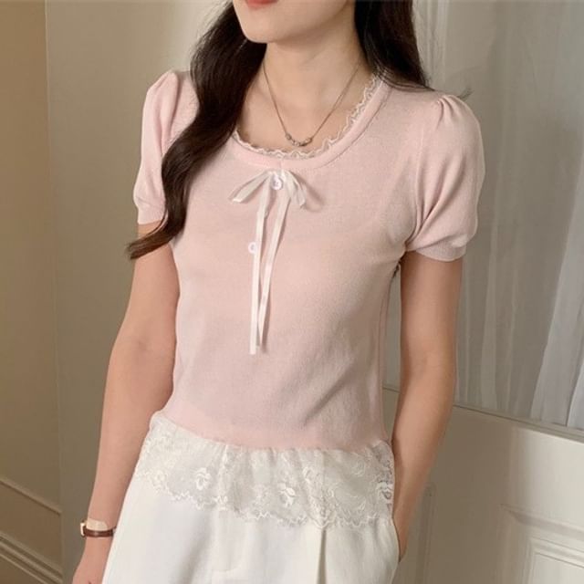 Short Sleeve Lace Trim U Neck Top