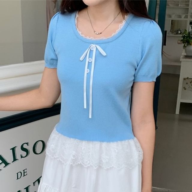 Short Sleeve Lace Trim U Neck Top