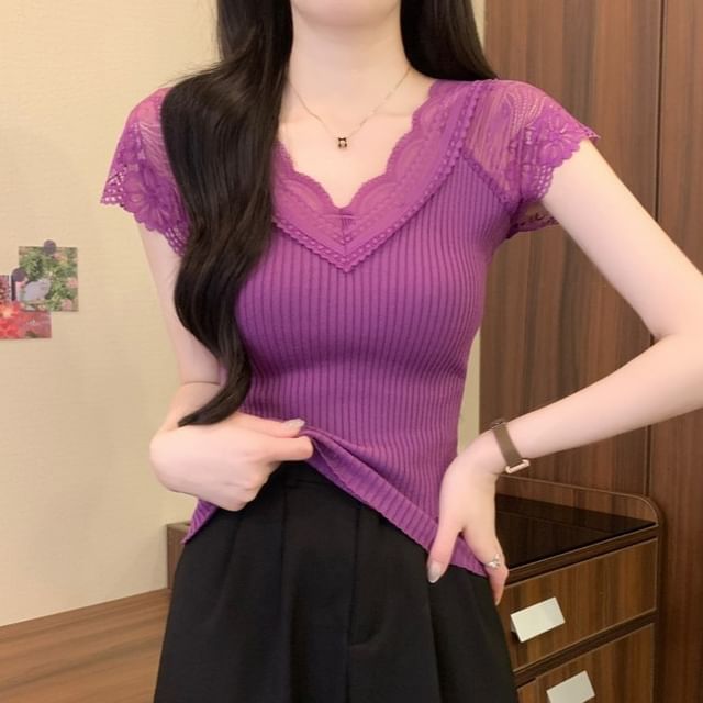 Lace Panel V Neck Short Sleeve Crop Top