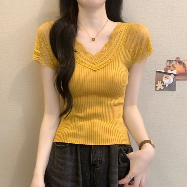 Lace Panel V Neck Short Sleeve Crop Top