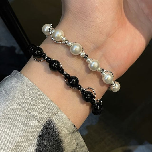 Faux Pearl / Faux Gemstone Bead Helical Alloy Bracelet / Choker