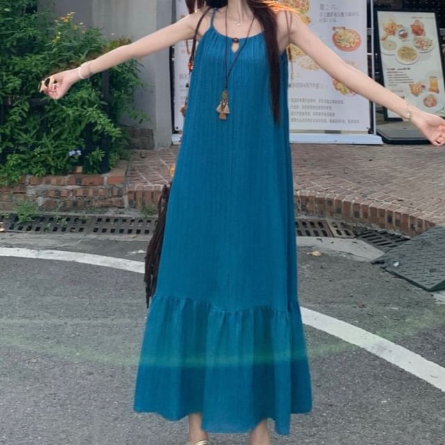 Spaghetti Strap Plain Maxi A-Line Dress / Sleeveless Fringed Top