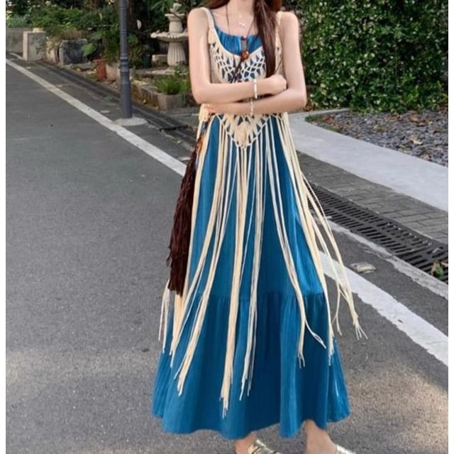 Spaghetti Strap Plain Maxi A-Line Dress / Sleeveless Fringed Top