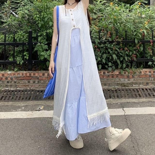 Spaghetti Strap Striped Tiered Midi A-Line Dress / Round Neck Fringed Button Vest