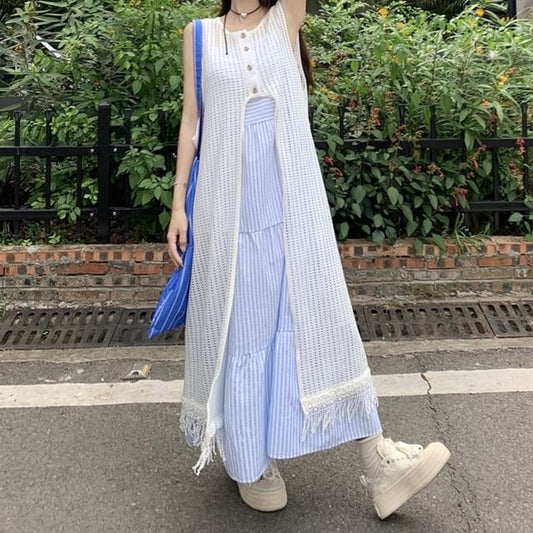 Spaghetti Strap Striped Tiered Midi A-Line Dress / Round Neck Fringed Button Vest