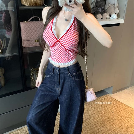 Gingham Halter Lace Trim Slim Fit Crop Tank