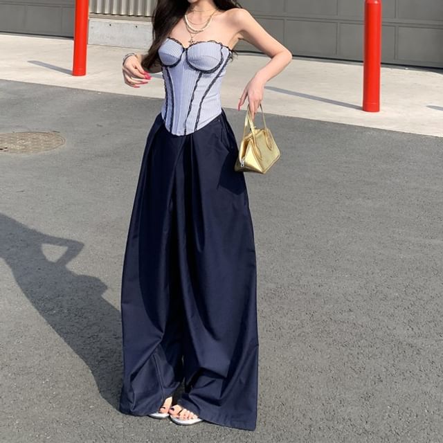 Striped Lace Tube Top and High Waist Culottes