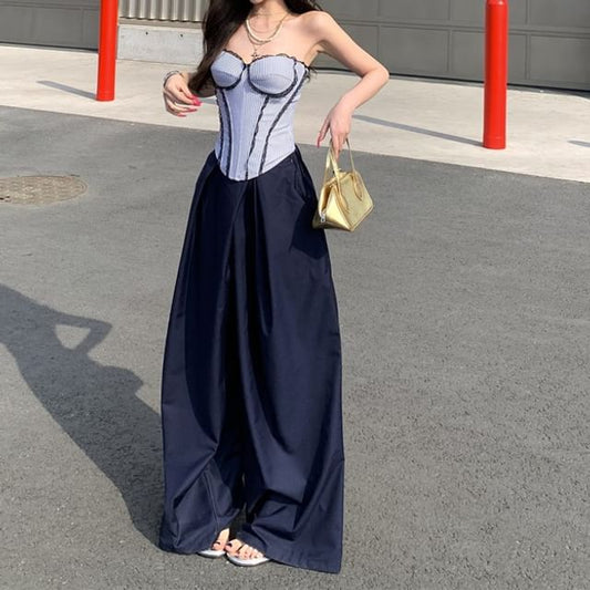 Striped Lace Tube Top and High Waist Culottes