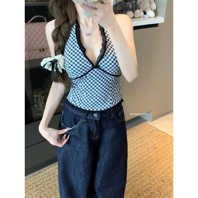 Gingham Halter Lace Trim Slim Fit Crop Tank