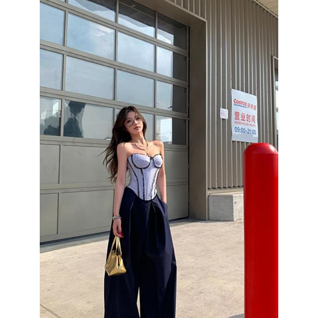 Striped Lace Tube Top and High Waist Culottes