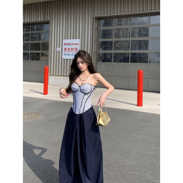 Striped Lace Tube Top and High Waist Culottes