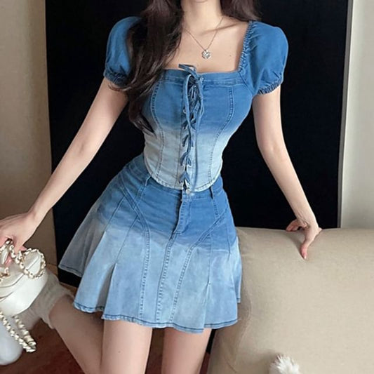Gradient Lace Up Denim Cropped Blouse Pleated Mini Skirt Set