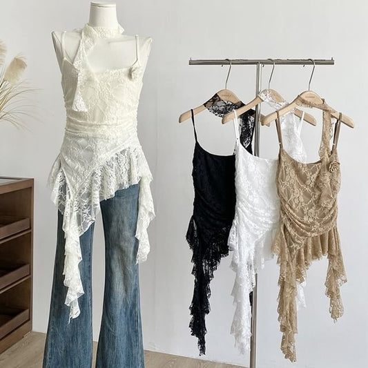 Asymmetrical Lace Cami Scoop Neck Spaghetti Strap Top
