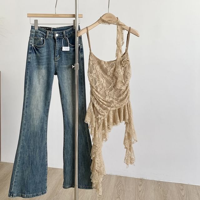 Asymmetrical Lace Cami Scoop Neck Spaghetti Strap Top