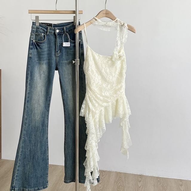 Asymmetrical Lace Cami Scoop Neck Spaghetti Strap Top