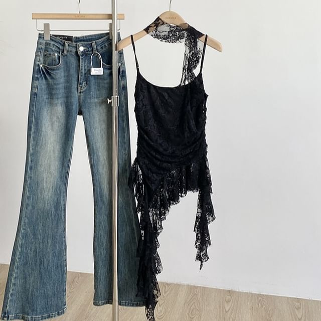Asymmetrical Lace Cami Scoop Neck Spaghetti Strap Top