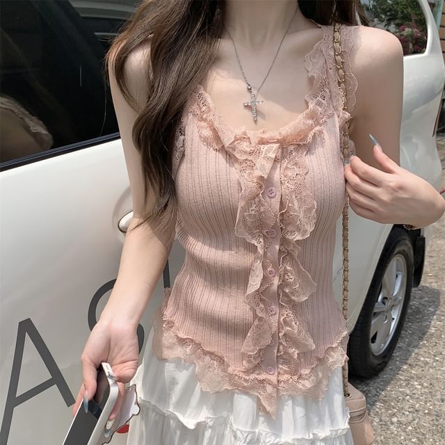 Ribbed Knit Lace Panel Ruffle Button Scoop Neck Tank