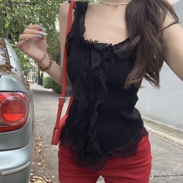 Ribbed Knit Lace Panel Ruffle Button Scoop Neck Tank