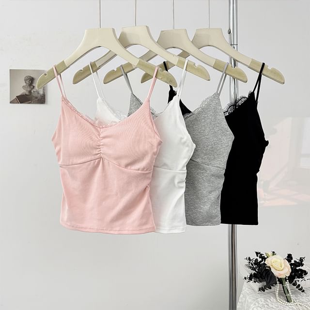 Lace Trim Slim Fit V Neck Crop Cami Top