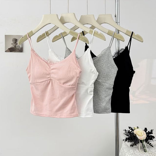 Lace Trim Slim Fit V Neck Crop Cami Top