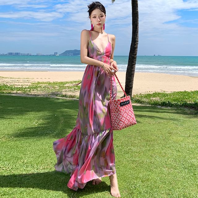 Spaghetti Strap Tie Dye Open Back Maxi A-Line Sundress